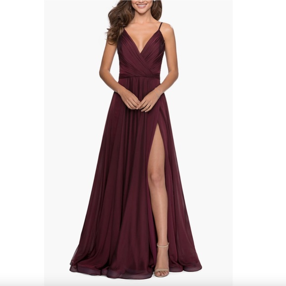 NWT LA FEMME Garnet CHIFFON Pleated Bodice HIGH Slit EVENING Dress BALL GOWN 6 - Picture 2 of 12